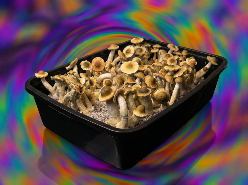 Yellow Umbo mushrooms side view